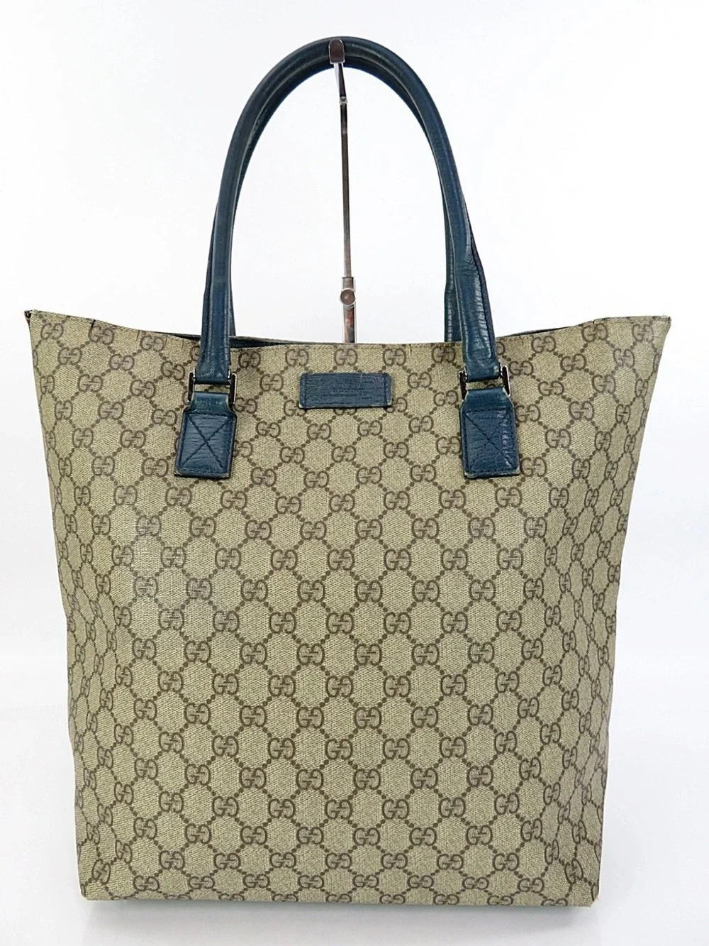 Gucci Beige GG Canvas Tote with Blue Leather Handles
